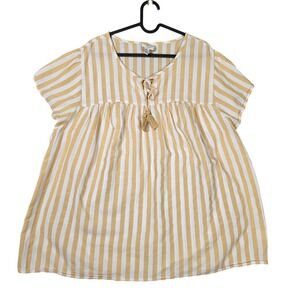 St. John's Bay Blouse Womens 3X Yellow Fair Striped Tassel Tie Cotton Top
